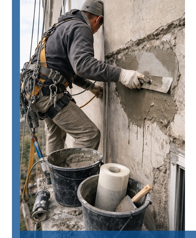 Ремонт бетонных элементов фасада промышленными альпинистами в Сердобске