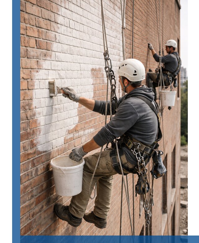 Покраска кирпичного фасада с доступным альпинистским сервисом в Сердобске