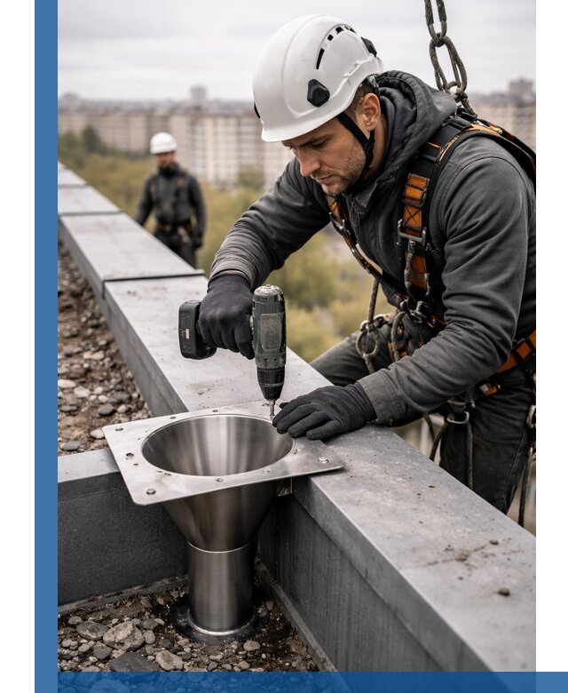 Монтаж водосточных воронок в Сердобске для промышленных зданий