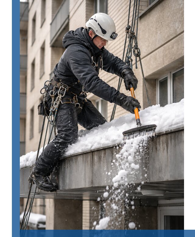 Очистка козырьков от снега в Сердобске круглогодично безопасно