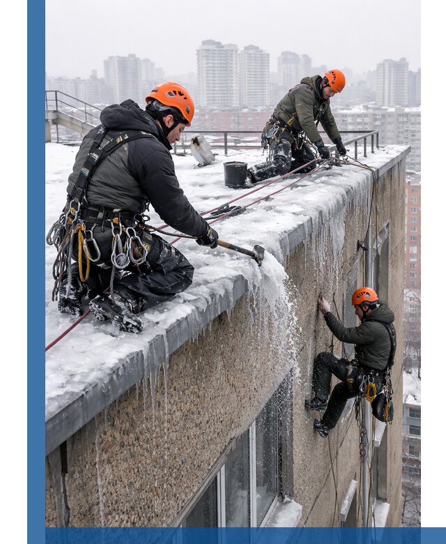 Удаление наледи с кровли в Сердобске промышленными альпинистами