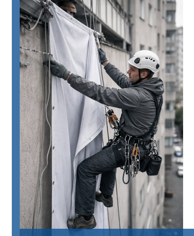 Замена баннерного полотна промышленными альпинистами в Сердобске
