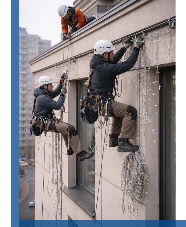 Монтаж праздничных гирлянд на фасаде в Сердобске для зданий