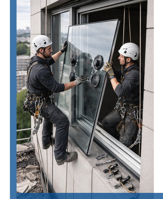 Замена стеклопакетов на высоте с промышленными альпинистами в Сердобске