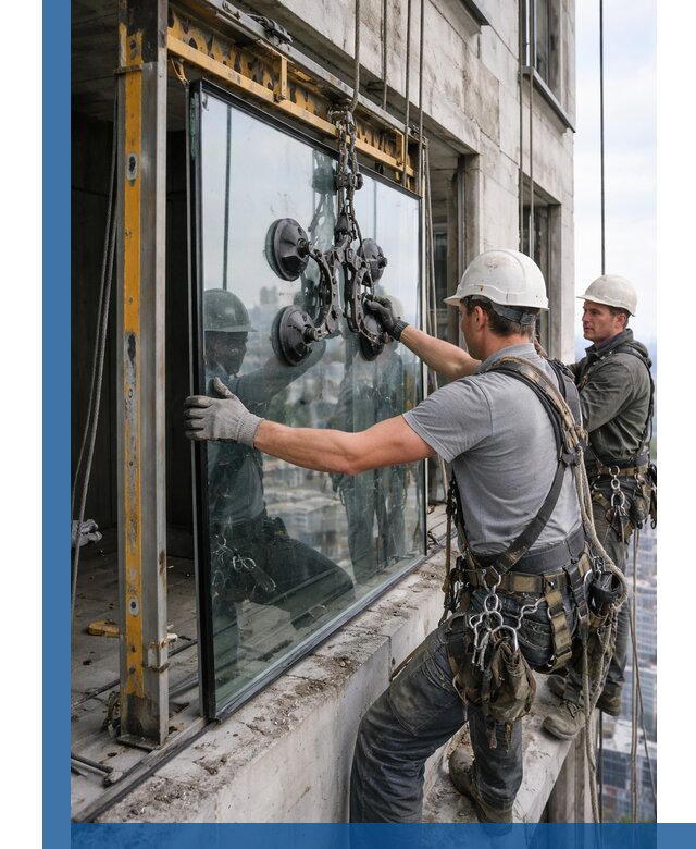 Монтаж стеклопакетов на высоте в Сердобске с промышленным альпинизмом