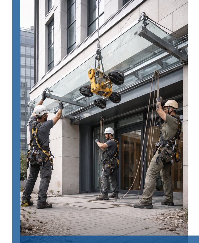 Монтаж стеклянных козырьков под ключ в Сердобске для зданий