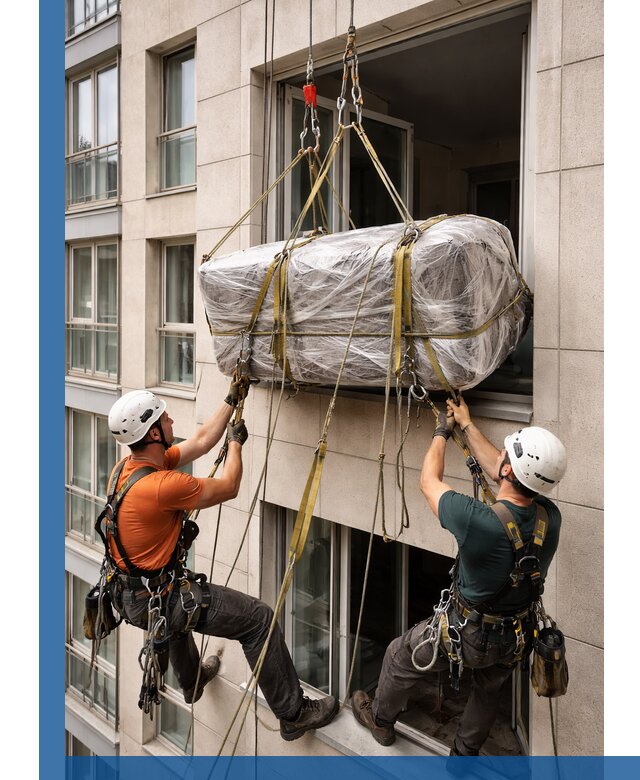 Подъем грузов через окно в Сердобске промышленными альпинистами