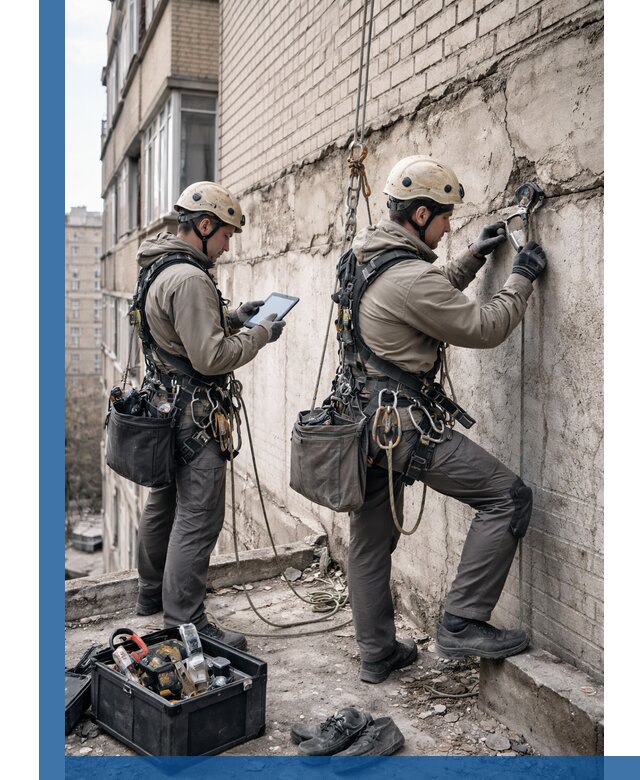 Обследование фасада промышленными альпинистами в Сердобске